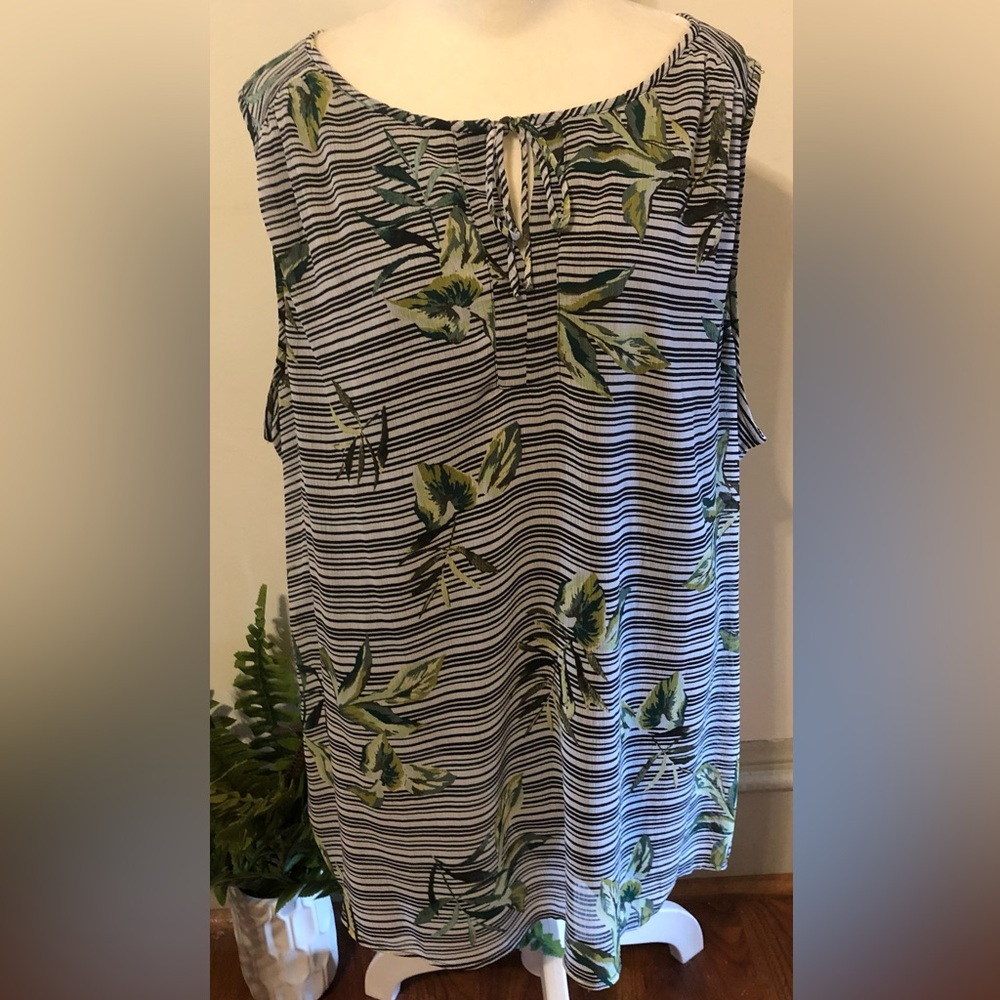 CJ Banks Sleeveless Top Black White Stripes Tropical Leaves Lined Sz 3X Perfect!